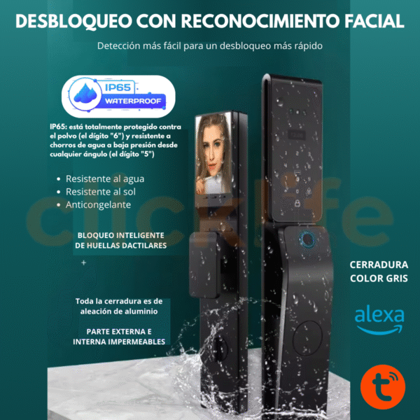 Cerradura Inteligente Impermeable IP65 Alexa 6 Modos de Apertura Con Reconocimiento Facial, Huella Dactilar - Imagen 2