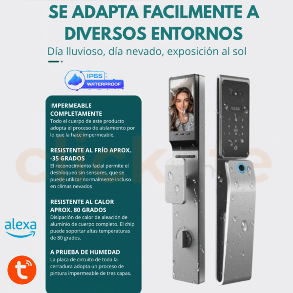 Cerradura Inteligente Impermeable IP65 Alexa 6 Modos de Apertura Con Reconocimiento Facial, Huella Dactilar - Imagen 3