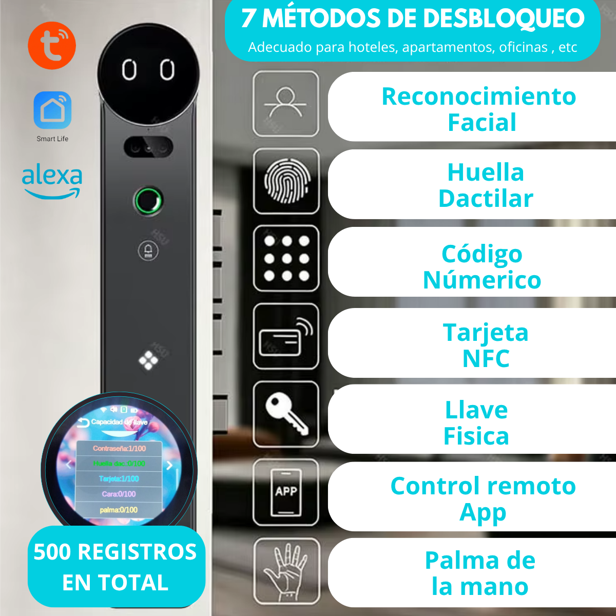 Cerradura inteligente 7 modos apertura Alexa, Tuya smart Impermeable - Imagen 9